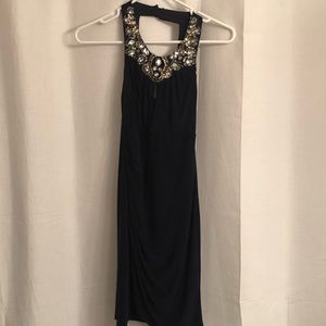 Royal blue cocktail-length dress with jeweled neck